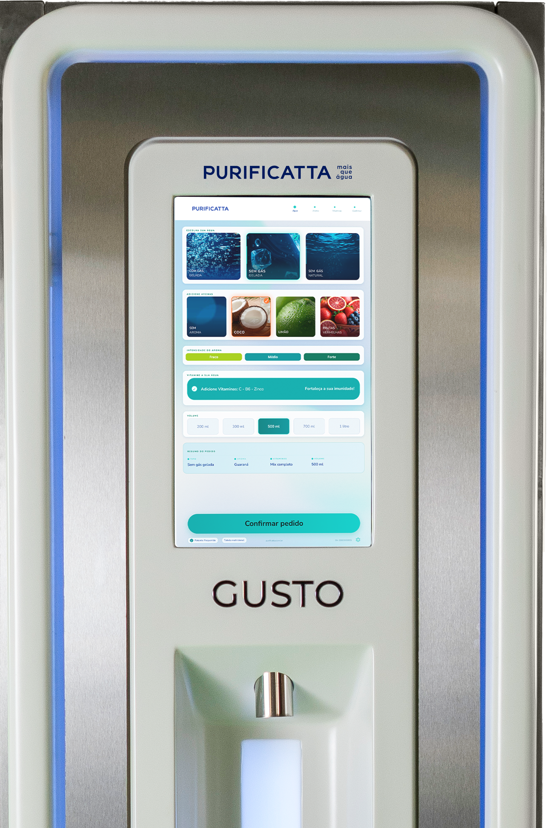 Tela da Gusto — escolha de água, aroma, vitaminas e volume